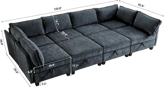 ORRD Oversize Sleeper Modular Sectional Sofa Set, Convertible Couch Bed with Storage, 8 Seater Sofa Modular for Living Room, Office (Blue Grey)
