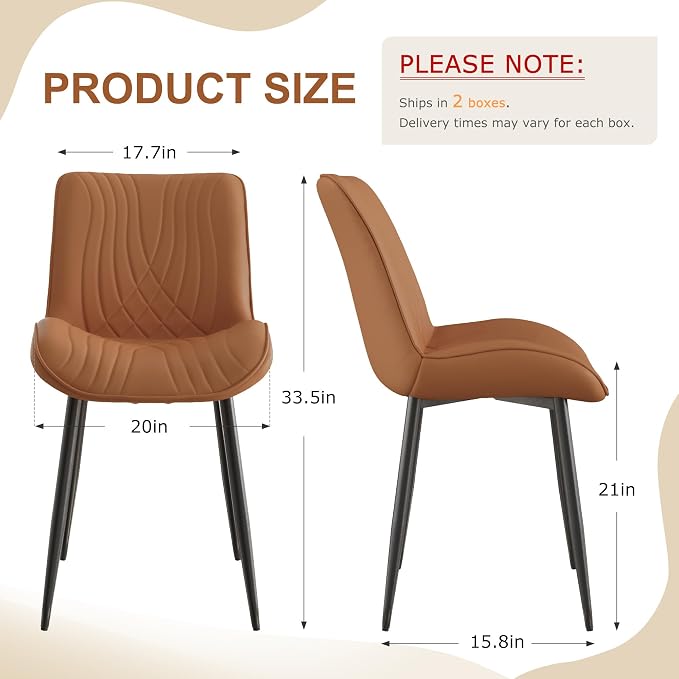 VECELO Dining Chairs Set of 4, Modern Upholstered Faux Leather Cushion Seat and Metal Legs for Kitchen, Living Room, Vintage Cognac Brown