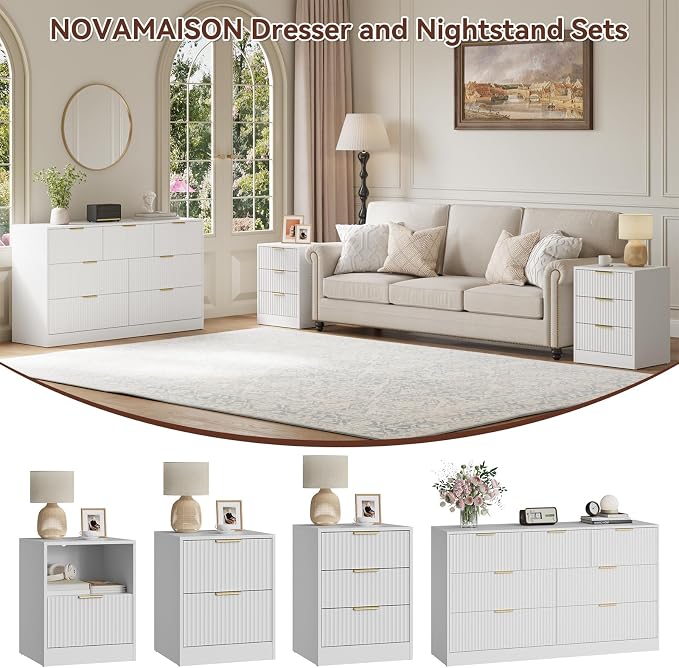 7 Drawer Dresser & Nightstand Set, 3-Piece White Fluted Dresser and Night Stand Set of 2 with Metal Handle, Modern Wood Chest of Drawers Storage Dressers Set for Bedroom, White