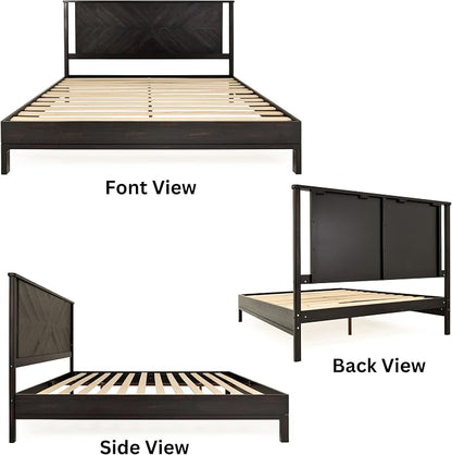 Bme Vivian 14 Inch Deluxe Bed Frame with Headboard, Rustic & Scandinavian Style with Solid Acacia Wood, No Box Spring Needed, 12 Strong Wood Slat Support, Easy Assembly, King, Rustic Black