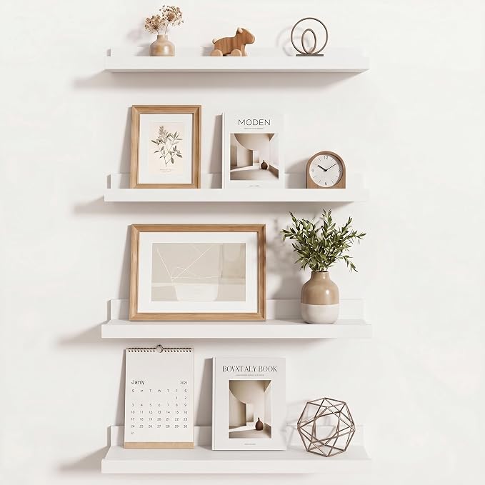Axeman Picture Ledge Shelf | 20 Inch Floating Shelves Set of 4 | White Wall Shelves with Lip | White Picture Shelf for Wall with Ledge | Wood Photo Ledges for Living Room Bedroom