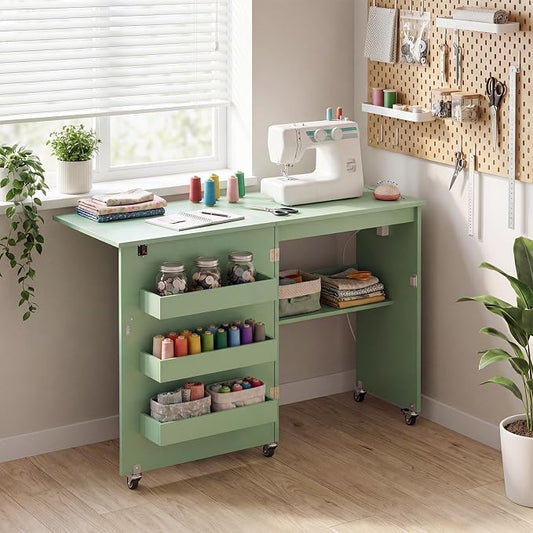 Giantex Folding Sewing Table with Charging Station, Rolling Craft Table with Storage Trays & Shelf, Foldable Sewing Machine Cabinet Desk with Lockable Wheels for Small Spaces (Sage)
