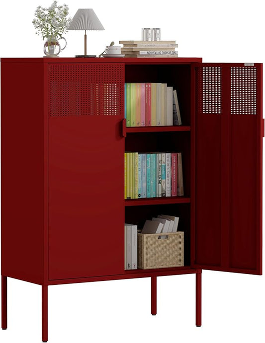 47''H Red Metal Storage Cabinet with 2 Adjustable Shelves, 2 Door Accent Cabinet, 3-Tier Metal Locker with Vent Hole, TV Stand for Entryway, Home Office, Music Studio, Home Office