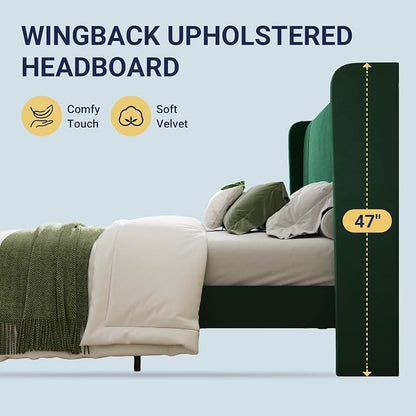 Allewie Full Size Velvet Platform Bed Frame with Vertical Tufted Wingback Headboard, Easy Assembly, Under Bed Storage, No Box Spring Required, Modern Style, Green