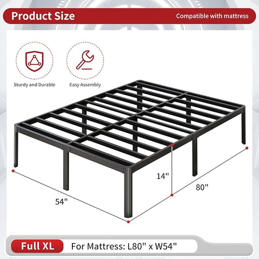 Yicensen 14 Inch Full XL Bed Frame No Box Spring Needed Heavy Duty Metal Full XL Platform Bed Frame with Rounded Corner Legs, Easy Assembly, Noise Free, Black