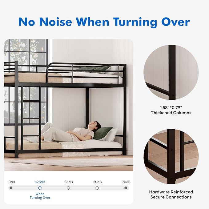 Low Metal Bunk Bed Frame for Kids, with Built-in Ladder, High Guardrail and Metal Slats, Floor Bed Bottom Bunk, No Boxspring Required, for Small Spaces, Twin-Over-Twin (Black)