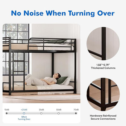 Low Metal Bunk Bed Frame for Kids, with Built-in Ladder, High Guardrail and Metal Slats, Floor Bed Bottom Bunk, No Boxspring Required, for Small Spaces, Twin-Over-Twin (Black)