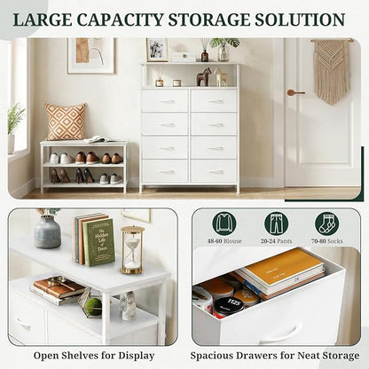 8 Drawers Dresser with Open Shelf, 46" Tall Storage Organizer Chest of Drawer with Wooden Top, Sturdy Metal Frame for Bedroom, Hallway, Living Room, White