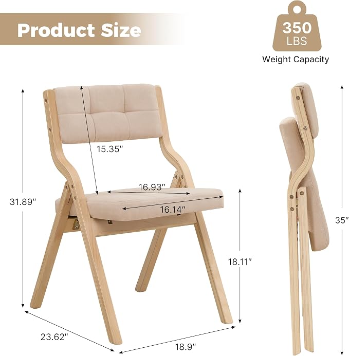 Folding Dining Chairs with Cushion Set of 4,Padded Foldable Dining Chairs,Portable Wooden Folding Chairs with Seat for Dining Rooms Kitchen Wedding Party Indoor Linen Khaki