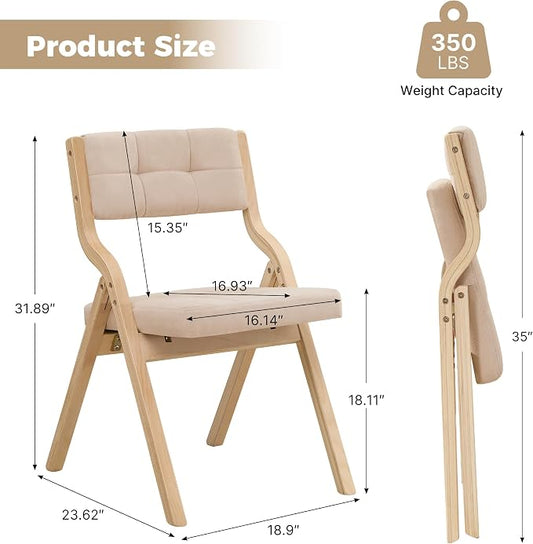 Folding Dining Chairs with Cushion Set of 2,Padded Foldable Dining Chairs,Portable Wooden Folding Chairs with Seat for Dining Rooms Kitchen Wedding Party Indoor Linen Khaki