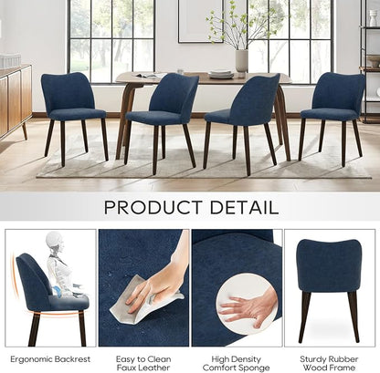COLAMY Dining Chairs Set of 4, Upholstered Leather Kitchen Chairs with Curved Back, Padded Seat and Solid Wood Legs, Modern Dining Chair for Kitchen Dining Room, Blue