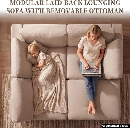 Modular Cloud Sectional Couches for Living Room, Large Modular Sectional Sofa with Ottoman, L Shaped 3 Seater Couch with Pillow, Beige - Chenille