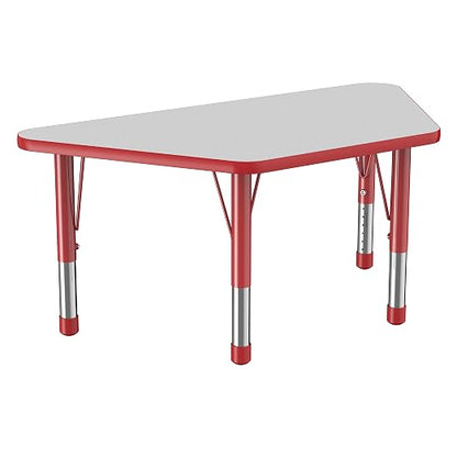 FDP Trapezoid Activity School and Classroom Kids Table (24 x 48 inch), Chunky Toddler Legs for Collaborative Seating Environments, Adjustable Height 15-24 inches - Gray Top and Red Edge