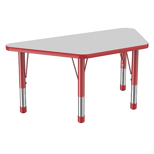 FDP Trapezoid Activity School and Classroom Kids Table (24 x 48 inch), Chunky Toddler Legs for Collaborative Seating Environments, Adjustable Height 15-24 inches - Gray Top and Red Edge