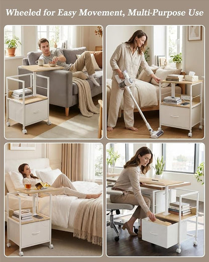 Faesun Swivel Lift Top Nightstand with Charging Station, Rolling Side Table for Recliner, Bedside Table with Wheels & a Fabric Drawer, for Small Spaces, for Bedroom, Living Room, Oak White