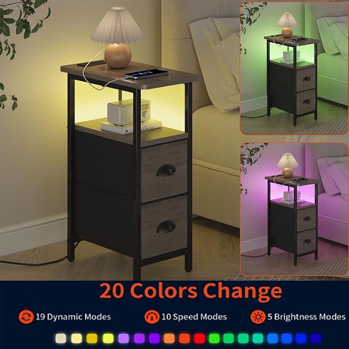 sthmec Narrow End Table with Charging Station, Narrow Side Table with 2 Fabric Drawers, LED End Table, Slim Nightstand with LED Light, Small Side Table for Small Spaces, Living Room, Bedroom, Grey