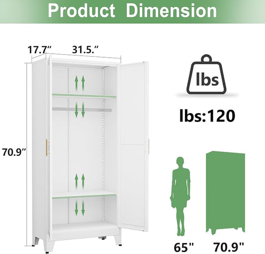 Ckzbx 71" H Metal Armoire Wardrobe Closet, Adjustable Shelve, Clothes Drying Pole, Steel Wardrobe Cabinet for Bedroom (White)