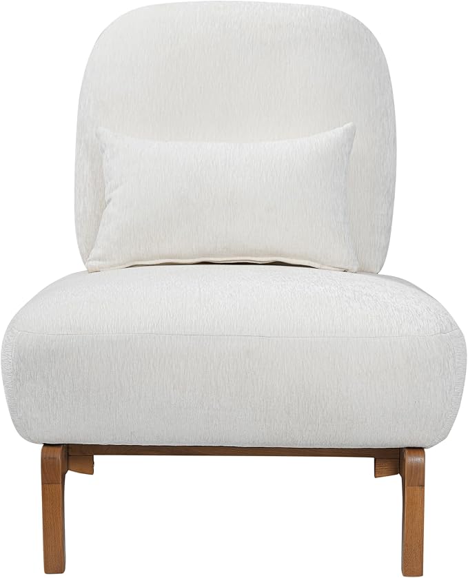 Merax Linen Accent Chair with Curved Wood Base and Lumbar Pillow, Off-White + Natural