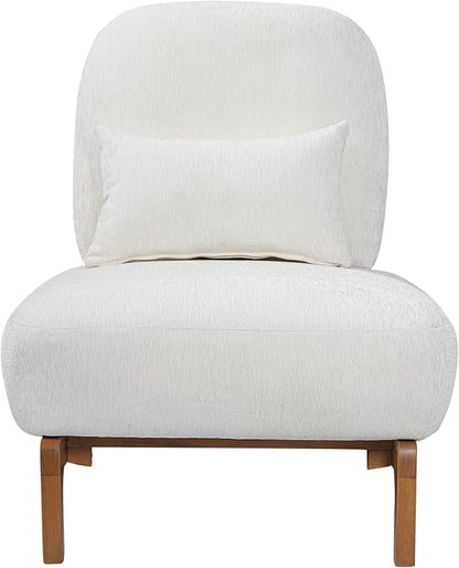 Merax Linen Accent Chair with Curved Wood Base and Lumbar Pillow, Off-White + Natural