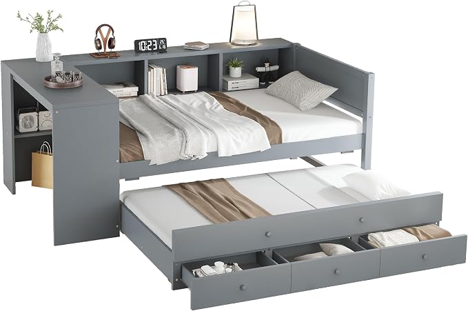 Bellemave Twin Size Corner Bed Frame with Storage Drawers and Desk,Captain Daybed with Bookcase,Corner Bed Frame Twin Size with Trundle for Kids,Teens,Guests,Gray