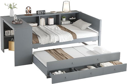 Bellemave Twin Size Corner Bed Frame with Storage Drawers and Desk,Captain Daybed with Bookcase,Corner Bed Frame Twin Size with Trundle for Kids,Teens,Guests,Gray