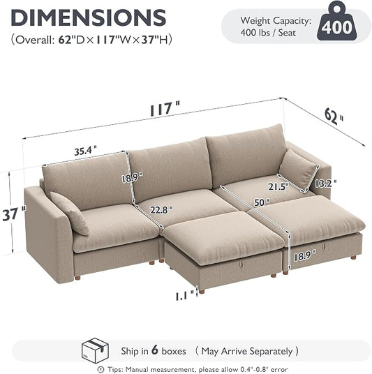 Ihanherry 117" Oversized Modular Sectional Sofa, Modern U Shaped Cloud Couch with 2 Storage Ottoman, 5-Seat Comfy Chenille Deep Seat Sofa with 2 Pillows for Living Room, Khaki