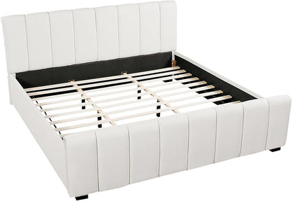 Merax King Size Upholstered Platform Bed with Thick Headboard and Footboard, Block Style Linen Fabric Bed Frame with Solid Wood Legs, Beige