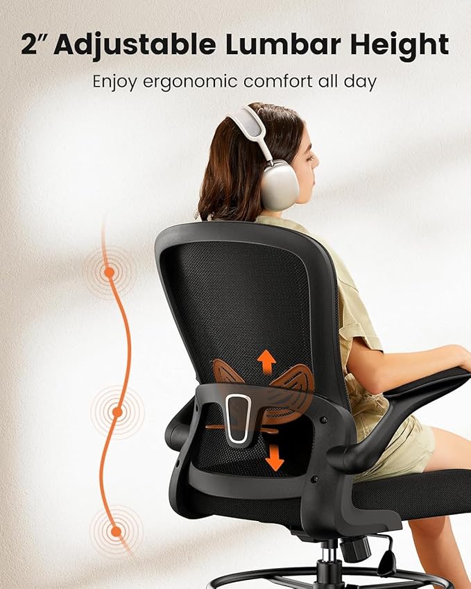 ErGear Drafting Chair, Standing Desk Chair with Flip-Up Armrests, High Desk Chair Adjustable Height, Ergonomic Tall Office Chair with Lumbar Support and Adjustable Footrest Ring,8 Pack