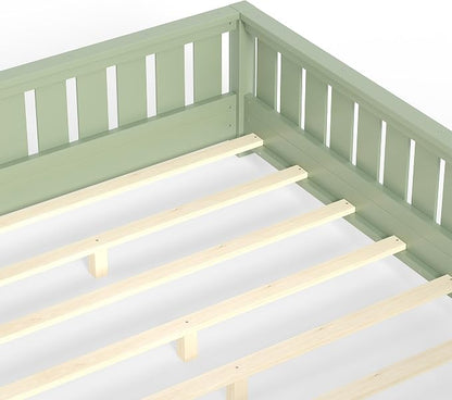 Bellemave Full Floor Bed with Slats and Rails, Full Size Montessori Floor Bed with Bookcase and Fence, Easy Assemble Montessori Beds for Girls, Boys, Avocado Green