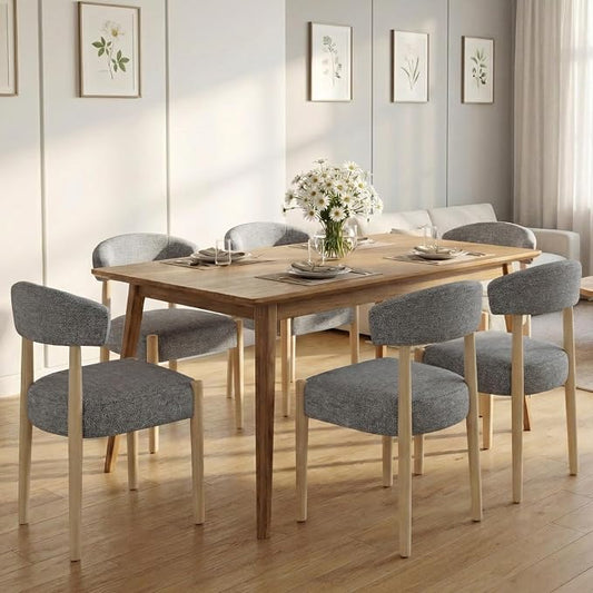 VKNOW Wooden Dining Chairs Set of 6 with Curved Open Back, Gray | Natural Rubberwood Legs, Soft Chenille Fabric, Thickened Cushion, For Adults and Family, Dining Room, Kitchen, No Wobble
