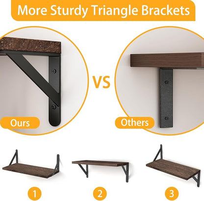 YGEOMER Wall Shelves, 4pcs Different Sizes Dark Carbonized Brown Floating Shelves for Decor
