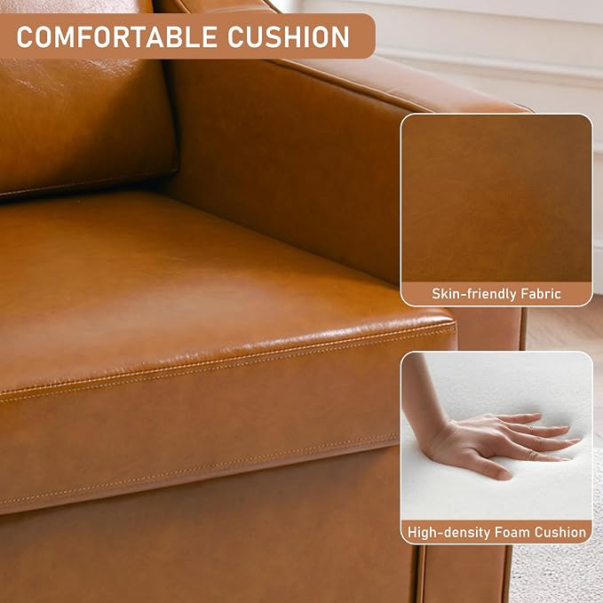 Swivel Accent Chairs Set of 2, 360° Swivel Upholstered Faux Leather Club Armchairs for Living Room, Comfy Single Sofa Reading Chair with Deep Seat, Metal Swivel Base, Light Brown