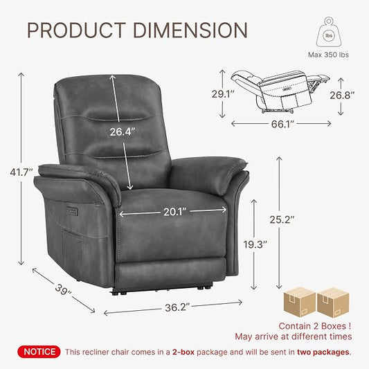 KISLOT Power Recliner Chair with Adjustable Headrest and Footrest, Dual Motor Leather Reclining Chair with USB/Type-C Charging, Zero Gravity Modern Electric Recliner for Adults Living Room Bedroom