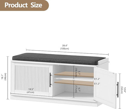 Akxomel Fluted Shoe Storage Bench with Cushion, 39.4" Entryway Bench with Adjustable Shelves and 2 Doors, Shoe Cabinet Bench with Curved Profile, for Hallway, Living Room, Bedroom, White