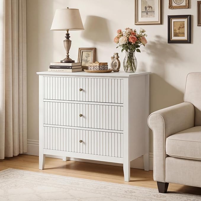 RoyalCraft Large 3 Drawer Dresser Set of 2, Fluted Wood Chest of Drawers with Storage, Modern Painted 30 inch Wide Nightstand for Bedroom Living Room Entryway, White