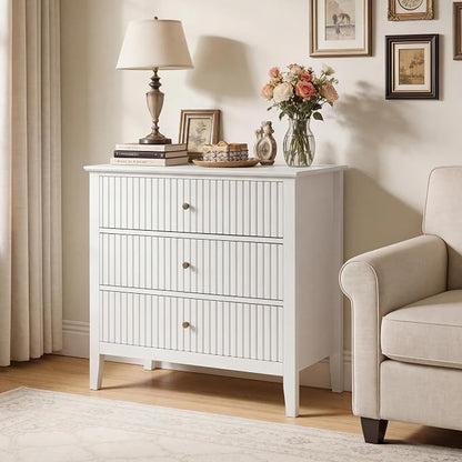 RoyalCraft Large 3 Drawer Dresser Set of 2, Fluted Wood Chest of Drawers with Storage, Modern Painted 30 inch Wide Nightstand for Bedroom Living Room Entryway, White