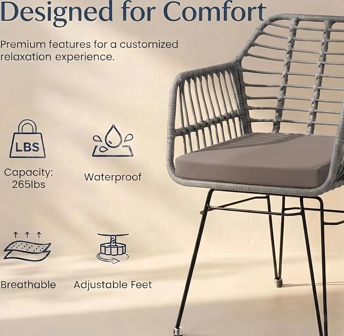 3-Piece Patio Furniture Set, Wicker Bistro Set with 2 Cushioned PE Rattan Armchairs and Glass Top Coffee Table, Small Conversation Set for Balcony, Porch, Backyard, Grey/Grey