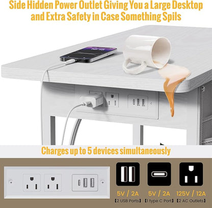 Yenlure Small Side Table with Charging Station, Narrow Nightstand Bedside Tables with Storage Pocket for Living Room Bedroom, Sofa End Table with USB Ports and Power Outlets for Small Spaces