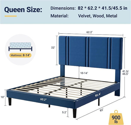 Allewie Queen Platform Bed Frame with Adjustable Headboard, Plush Velvet Upholstered, Vertical Channel Tufted, Sturdy Wooden Slats, No Box Spring Needed, Easy Assembly, Blue
