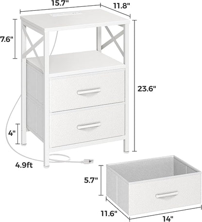 Huuger Nightstands Set of 2, Night Stand with Charger Station, 2 Drawer Side Table with Open Shelf, USB-C Port, End Table for Small Spaces, X Shaped Side Rail, White