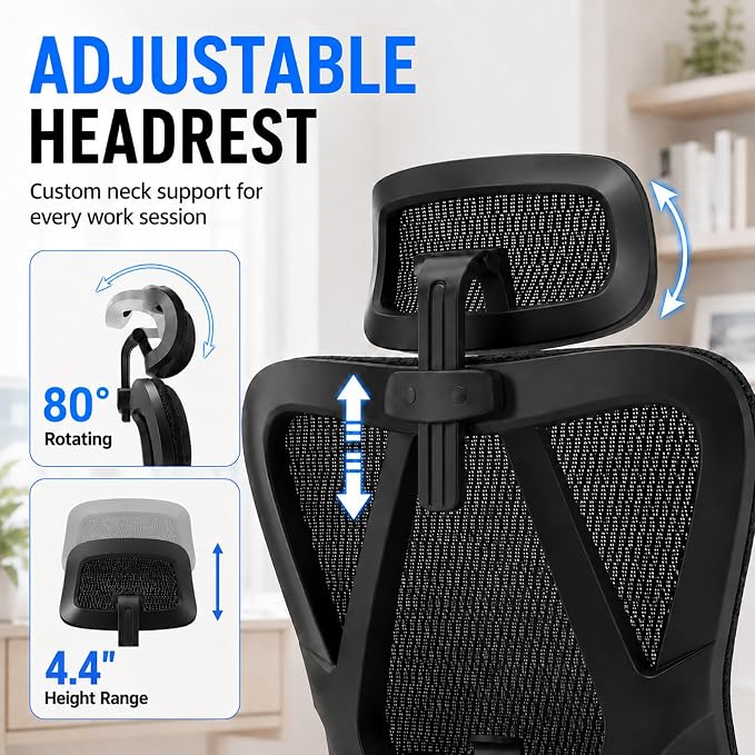 Ergonomic Office Chair, Full Mesh Desk Chair with 5D Armrests, Adjustable Lumbar Support and Headrest, 135° Stepless Reclining Backrest, Home Office Computer Chair