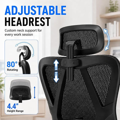 Ergonomic Office Chair, Full Mesh Desk Chair with 5D Armrests, Adjustable Lumbar Support and Headrest, 135° Stepless Reclining Backrest, Home Office Computer Chair