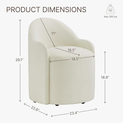 KISLOT Upholstered Dining Chairs with Casters, No Assembly Modern Dining Room Chairs Accent Vanity Chair with 5 Wheels & Round Backrest for Bedroom, Living Room, Dressing, Linen Fabric, Set of 1