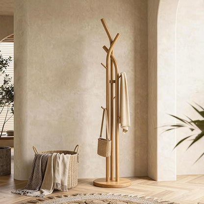 Solid Wood Coat Rack Freestanding Wood Coat Tree Rack with 9 Hooks, Creative Tree-Shaped Design, Standing Coat Rack Clothes Hanger Stand with Sturdy Base for Entryway, Bedroom - Load 150lb (Natural)