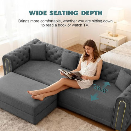 90.6'' Velvet Folding Floor Sofa Bed - 3-in-1 Convertible Sleeper Couch with Ottoman, Button Tufted Chesterfield Sofa, Pull-Out King Size Couch Bed for Apartments, Living Room, Dark Grey | 3-in-1 Convertible