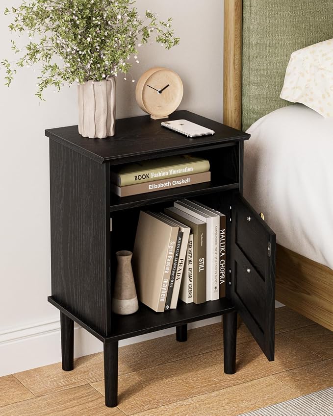 Nightstand, Boho Night Stand with 1 Drawers, Modern Side Accent Table with Open Shelf, Wooden Top Bedside End Table for Bedroom, Living Room, Black
