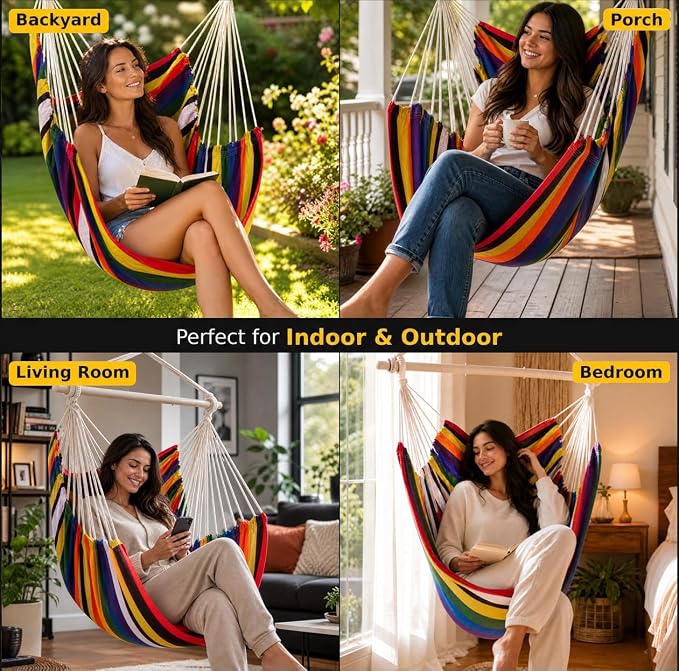ADVOKAIR Hammock Chair Swing, Heavy-Duty Hanging Rope Swing Seat Supports 500 Lbs, Ideal for Outdoor Patio, Backyard, Porch, Deck & Indoor Bedroom Use