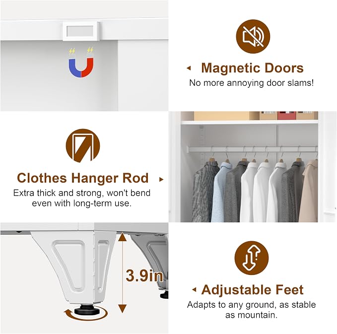 UNICOLY 86.6" Amoire Wardrobe Closet, 71" Wardrobe Cabinet with 15.74" Cabinet, Metal Closets with Hanging Rod for Bedroom School, Employee, Gym, Armarios De Ropa para Domitorio, White