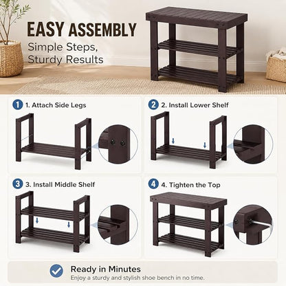 Shoe Rack Bench, 3-Tier Shoe Storage Organizer for Entryway , Shoe Shelf for Small Spaces, Multi-Functional Side Table Plant Stand, Shoe Stand for Bedroom, Living Room, Closet, Front Door, Brown