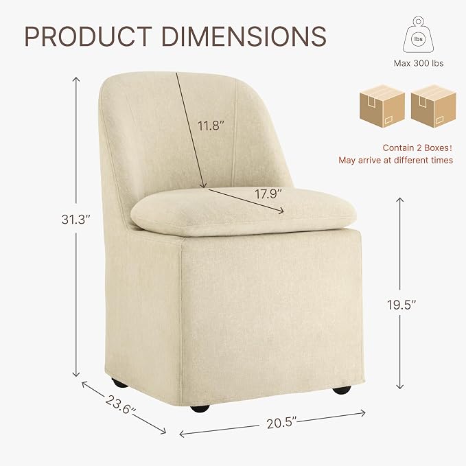 KISLOT Upholstered Dining Chairs with Casters, Washable Cover Modern Dining Room Chairs with Thick Cushion & Sturdy Metal Frame for Kitchen, Living Room, Dressing Room, Sand Fabric, Set of 4